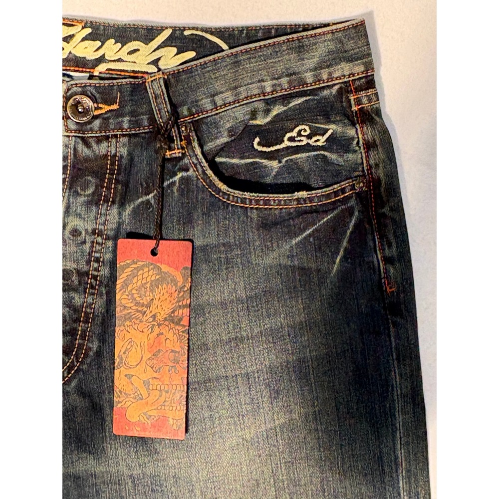 Ed Hardy Mens Distressed Straight Leg Jeans Tattoo Embroidery Dark Wash 36x34 - Picture 5 of 12